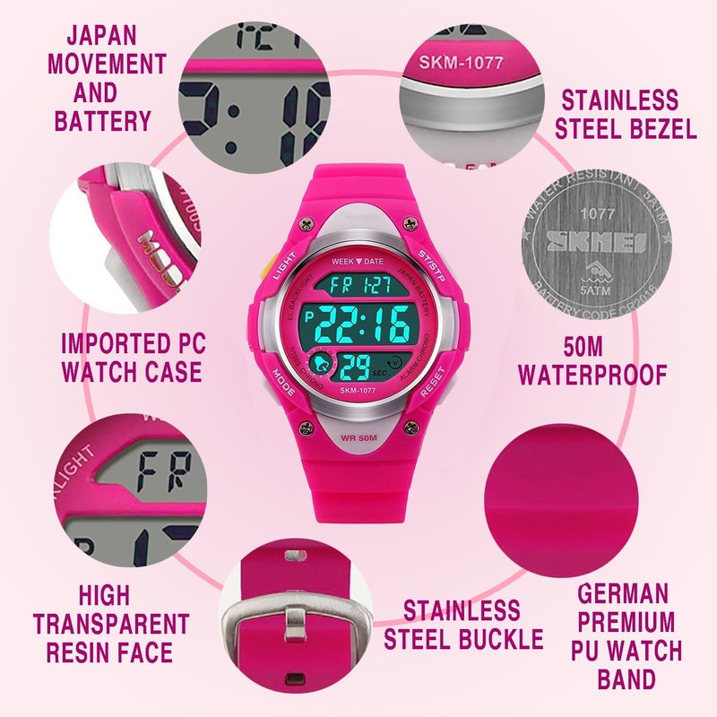 cofuo Girls Boys Digital Watch - Kids Sports Waterproof Outdoor Watches with Alarm Stopwatch Youth Children LED Electronic Wristwatch - Rose Red - Image 2